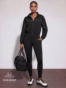 Zivah Women's Colorblock Long Sleeve Top And Pants Casual Daily Sports Set - Black - View 8