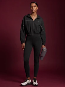 Zivah Women's Colorblock Long Sleeve Top And Pants Casual Daily Sports Set - Black - View 7