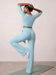 Zivah Women's Solid Color Long Sleeve Top And Pants Casual Daily Sports Set - Blue - View 4