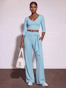Zivah Women's Solid Color Long Sleeve Top And Pants Casual Daily Sports Set - Blue - View 9