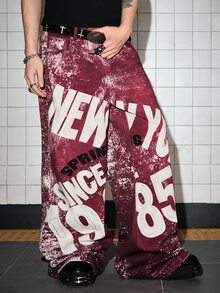 ROMWE MEN Goth Men's Fashion Letter Print Denim Jeans - Multicolor - View 5