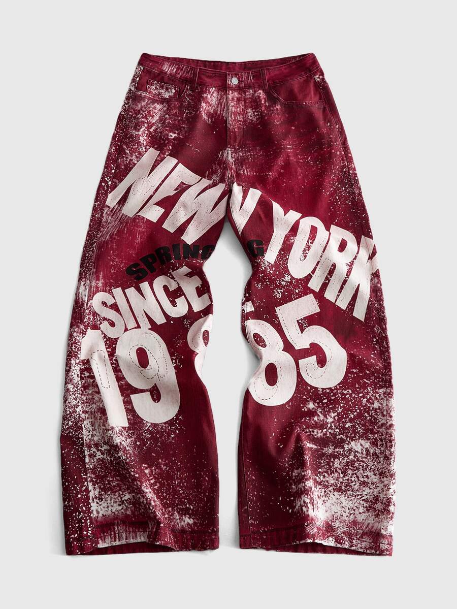 ROMWE MEN Goth Men's Fashion Letter Print Denim Jeans - Multicolor - View 1