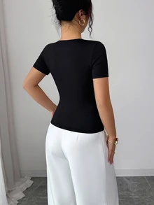 SHEIN Raffinéa Women's Asymmetric Neckline Black Short Sleeve Top,Elegant Seductive Night Out Date Metal Decor Hollow-Out Knitted Keyhole Neck T-Shirt,Spring/Summer - Black - View 2