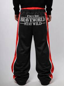 ROMWE MEN Men's Letter Print Double Waistband Streetwear Loose Fit Sweatpants - Black - View 9