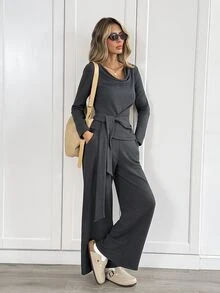 Easowa Women's Fall/Winter Solid Color Long Sleeve Top And Pants Casual Daily 2 Pieces Set Lounge Travel Charcoal Gray Warm Fabric - Grey - View 7