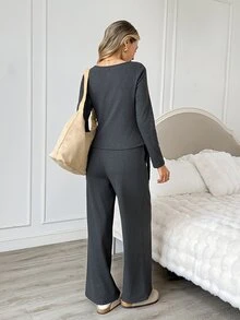 Easowa Women's Fall/Winter Solid Color Long Sleeve Top And Pants Casual Daily 2 Pieces Set Lounge Travel Charcoal Gray Warm Fabric - Grey - View 5