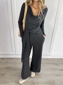 Easowa Women's Fall/Winter Solid Color Long Sleeve Top And Pants Casual Daily 2 Pieces Set Lounge Travel Charcoal Gray Warm Fabric - Grey - View 6