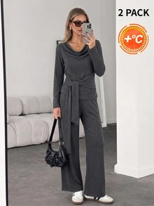 Easowa Women's Fall/Winter Solid Color Long Sleeve Top And Pants Casual Daily 2 Pieces Set Lounge Travel Charcoal Gray Warm Fabric - Grey - View 2