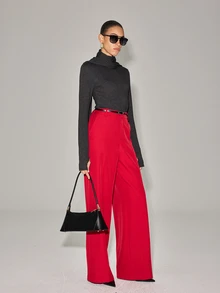 Anewsta Essential Women's Spring/Autumn New Modern Retro Commute Casual Minimalist Fashion Date Shopping Versatile Belt Buckle Decor Drape Wide Leg Long Pants - Flame scarlet - View 3