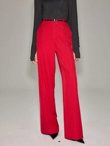 Anewsta Essential Women's Spring/Autumn New Modern Retro Commute Casual Minimalist Fashion Date Shopping Versatile Belt Buckle Decor Drape Wide Leg Long Pants - Flame scarlet - View 5