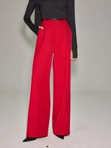 Anewsta Essential Women's Spring/Autumn New Modern Retro Commute Casual Minimalist Fashion Date Shopping Versatile Belt Buckle Decor Drape Wide Leg Long Pants - Flame scarlet - View 7