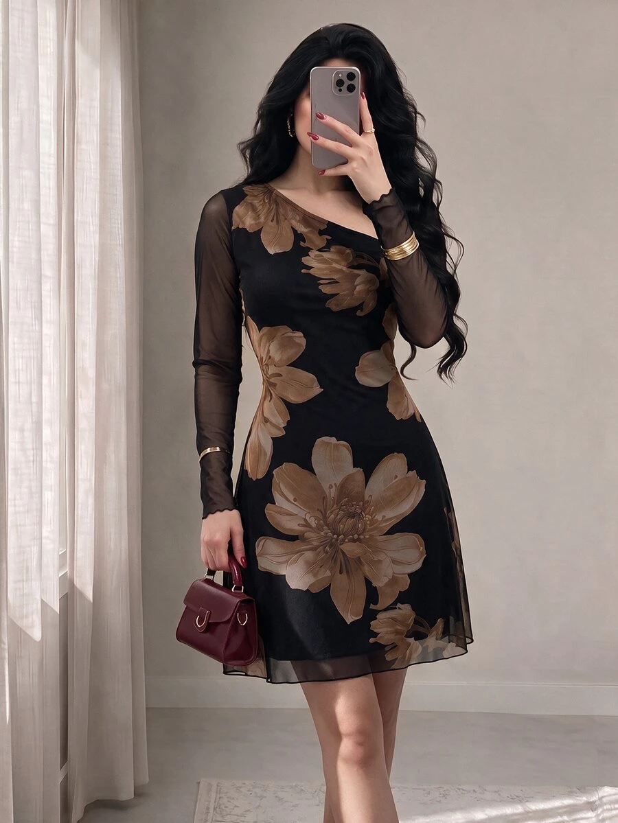Modelyn Mesh Printed Asymmetrical Neckline Pleated Elegant Sexy Summer Women's Dress - Coffee - View 1
