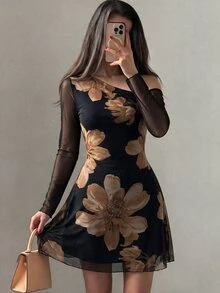 Modelyn Mesh Printed Asymmetrical Neckline Pleated Elegant Sexy Summer Women's Dress - Coffee - View 1