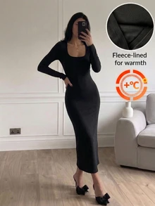 Easowa Women'sfall/Fall Dress Solid Color Casual Basic Minimalist Simple Party Brunch Everyday Date Midi Dress Black Warm Fabric - Black - View 1
