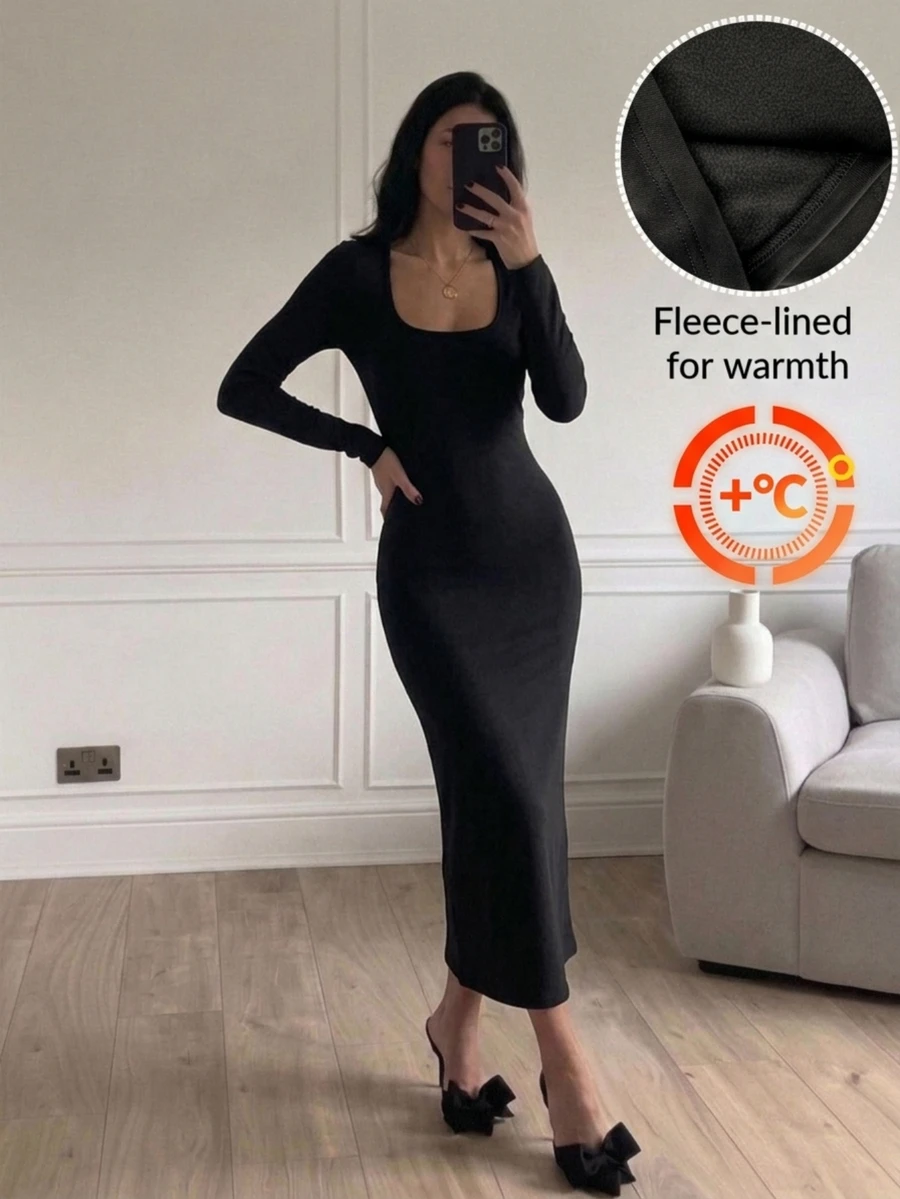 Easowa Women'sfall/Fall Dress Solid Color Casual Basic Minimalist Simple Party Brunch Everyday Date Midi Dress Black Warm Fabric - Black - View 1