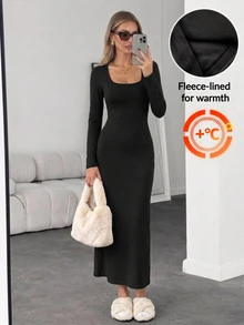 Easowa Women'sfall/Fall Dress Solid Color Casual Basic Minimalist Simple Party Brunch Everyday Date Midi Dress Black Warm Fabric - Black - View 2