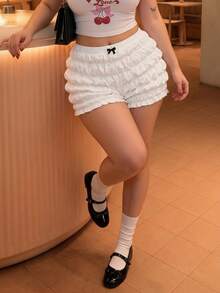 SHEIN MOD 大尺碼番茄女孩風 Polo 娃娃洋裝 Modchic 可愛蝴蝶結百褶迷你短褲女款 白色居家晚裝生日穿搭 - 白色 - 查看 1