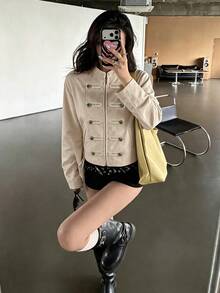 K-Vae 女款雙排扣碎花短版韓風溫柔休閒拉鍊運動外套 - 棕色 - 查看 4
