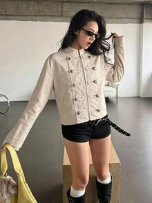 K-Vae 女款雙排扣碎花短版韓風溫柔休閒拉鍊運動外套 - 棕色 - 查看 6