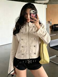 K-Vae 女款雙排扣碎花短版韓風溫柔休閒拉鍊運動外套 - 棕色 - 查看 7