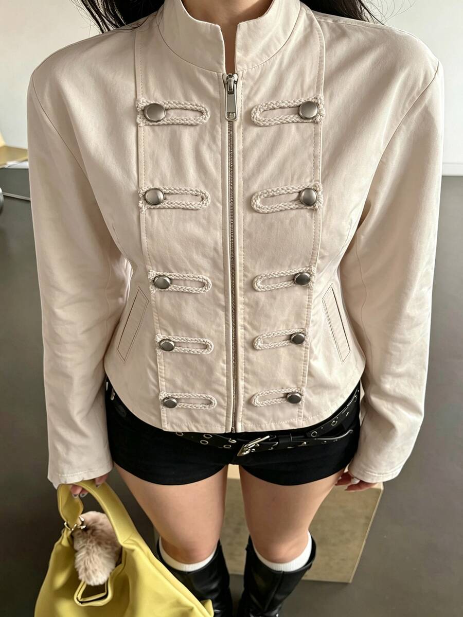 K-Vae 女款雙排扣碎花短版韓風溫柔休閒拉鍊運動外套 - 棕色 - 查看 1