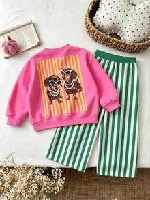 SHEIN Playful Pals Baby Girls 2 Pcs Cartoon Dog Print Crew Neck Sweatshirt & Striped Pants Set, Cute Casual, Fall Outfits - Multicolor - View 4
