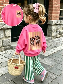 SHEIN Playful Pals Baby Girls 2 Pcs Cartoon Dog Print Crew Neck Sweatshirt & Striped Pants Set, Cute Casual, Fall Outfits - Multicolor - View 1