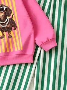 SHEIN Playful Pals Baby Girls 2 Pcs Cartoon Dog Print Crew Neck Sweatshirt & Striped Pants Set, Cute Casual, Fall Outfits - Multicolor - View 6
