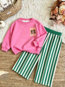 SHEIN Playful Pals Baby Girls 2 Pcs Cartoon Dog Print Crew Neck Sweatshirt & Striped Pants Set, Cute Casual, Fall Outfits - Multicolor - View 2