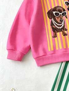 SHEIN Playful Pals Baby Girls 2 Pcs Cartoon Dog Print Crew Neck Sweatshirt & Striped Pants Set, Cute Casual, Fall Outfits - Multicolor - View 7