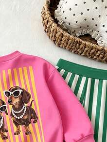 SHEIN Playful Pals Baby Girls 2 Pcs Cartoon Dog Print Crew Neck Sweatshirt & Striped Pants Set, Cute Casual, Fall Outfits - Multicolor - View 5