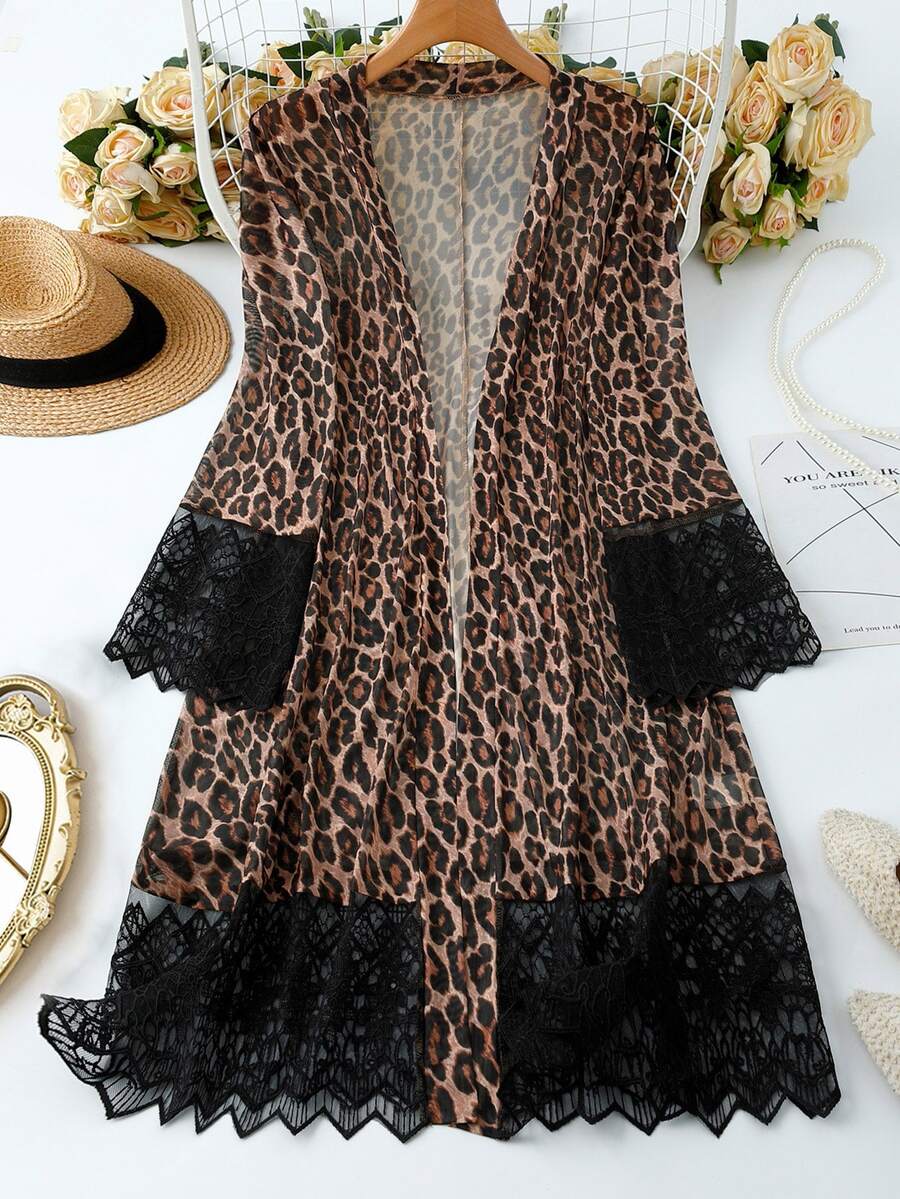 SHEIN Plus Size Women's Best-Selling Elegant Classic Leopard Print Lace Trim Patchwork Mid-Length Shawl Cardigan, Minimalist Slimming Cut Design, Suitable For Daily Commute, Outings, Dates And Gatherings - Multicolor - View 1