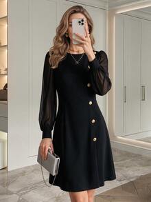 Miaspire Middle-Aged Women Mesh Patchwork Casual Daily Summer Dress - Black - View 5