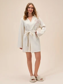 SHEIN Plus Women's Minimalist Casual Solid Color Loose Plus Size Robe With Cute Ribbon Embroidery - Beige - View 8