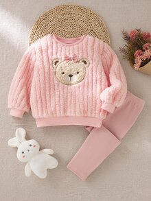 SHEIN Girls Toddler 3D Bear Patchwork Bow Decor Round Neck Long Sleeve Fleece Top Matching Straight Leg Pants Baby Two Pieces Set Fall 7th Birthday White - Pink - View 5