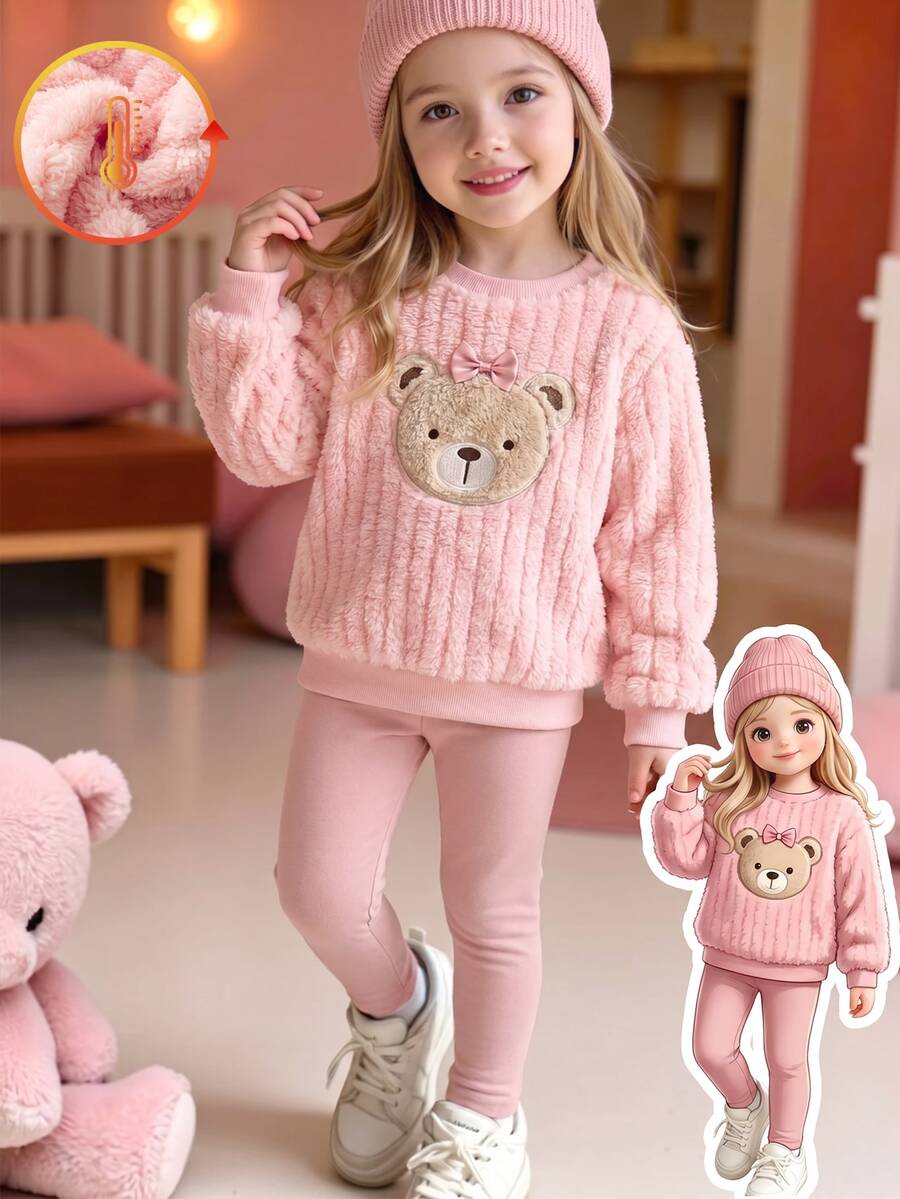 SHEIN 女童幼兒 3D熊拼接蝴蝶結裝飾圓領長袖抓絨上衣搭配直筒長褲 嬰兒兩件套 秋冬 7歲生日 白色 - 粉色 - 查看 1