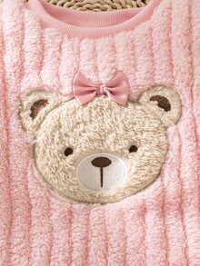 SHEIN Girls Toddler 3D Bear Patchwork Bow Decor Round Neck Long Sleeve Fleece Top Matching Straight Leg Pants Baby Two Pieces Set Fall 7th Birthday White - Pink - View 6