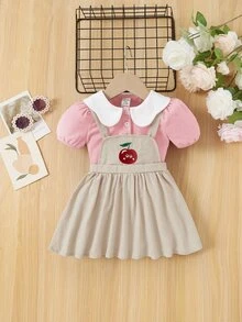 SHEIN Baby Girls" Cute Casual Color-Block Peter Pan Collar Bubble Sleeve Shirt Cartoon Embroidery Pattern Overall Dress Set, Spring And Summer - Pink - View 5
