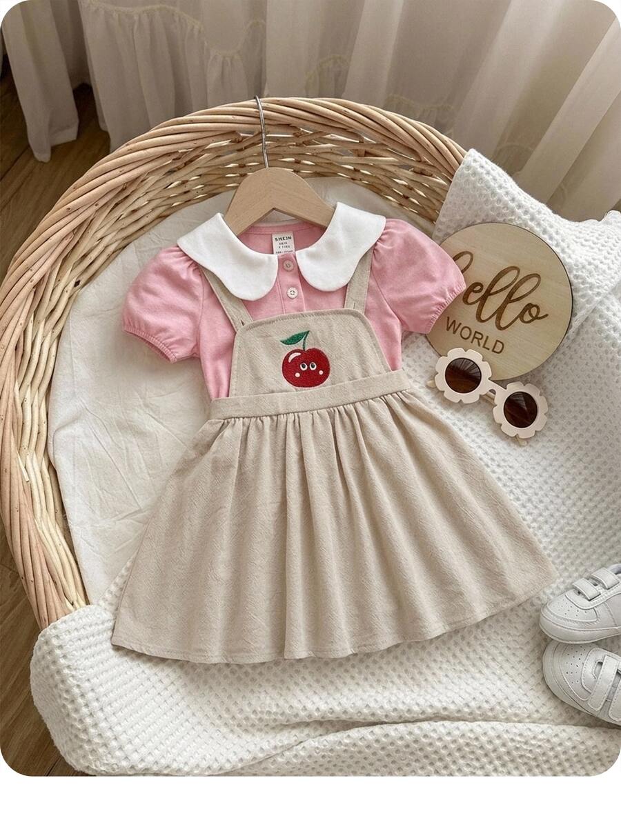 SHEIN Baby Girls" Cute Casual Color-Block Peter Pan Collar Bubble Sleeve Shirt Cartoon Embroidery Pattern Overall Dress Set, Spring And Summer - Pink - View 1