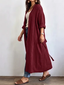 Linhara 女款長版休閒亞麻外套，休閒外出與通勤上衣，秋季款 - 酒紅色 - 查看 6