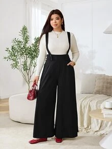 Solflare Plus Size Minimalist Versatile Loose Leg Jumpsuit - Black - View 4