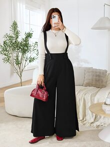 Solflare Plus Size Minimalist Versatile Loose Leg Jumpsuit - Black - View 3