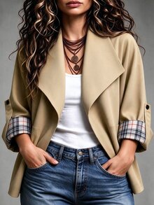 SHEIN LUNE CURVE Plus Size Women's Casual Loose Fit Trench Coat With Patchwork Plaid Print, Suitable For Autumn/Winter Fall - Multicolor - View 1
