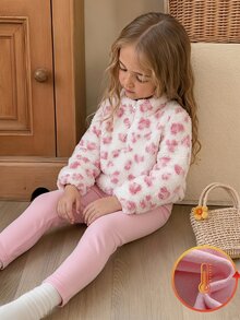 SHEIN Vintaside Kids 2件組幼兒女嬰搖粒絨運動衫長褲套裝，甜美公主風粉色毛絨愛心印花，長袖立領加厚保暖，冬季舒適慢跑毛絨休閒裝 - 粉色 - 查看 1