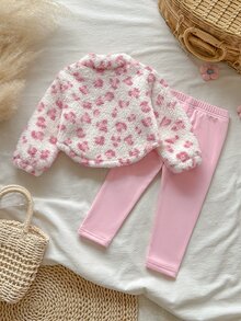 SHEIN Vintaside Kids 2件組幼兒女嬰搖粒絨運動衫長褲套裝，甜美公主風粉色毛絨愛心印花，長袖立領加厚保暖，冬季舒適慢跑毛絨休閒裝 - 粉色 - 查看 2