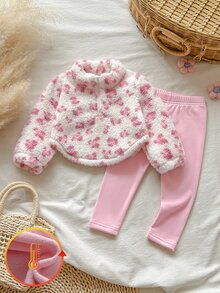 SHEIN Vintaside Kids 2件組幼兒女嬰搖粒絨運動衫長褲套裝，甜美公主風粉色毛絨愛心印花，長袖立領加厚保暖，冬季舒適慢跑毛絨休閒裝 - 粉色 - 查看 5