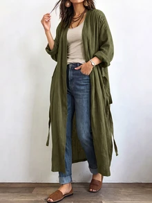 Linhara 女款長版休閒亞麻外套，戶外休閒通勤上衣，秋季款 - 軍綠色 - 查看 4
