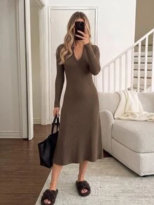 Easowa Women's Fall/Winter Dress Solid Color Casual Party Brunch Long Coffee Brown - Brown - View 6