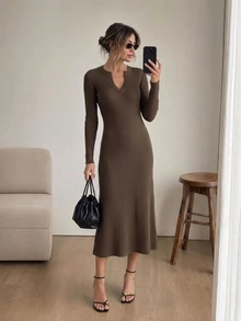 Easowa Women's Fall/Winter Dress Solid Color Casual Party Brunch Long Coffee Brown - Brown - View 2