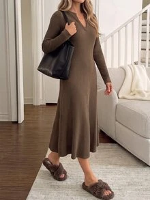 Easowa Women's Fall/Winter Dress Solid Color Casual Party Brunch Long Coffee Brown - Brown - View 4